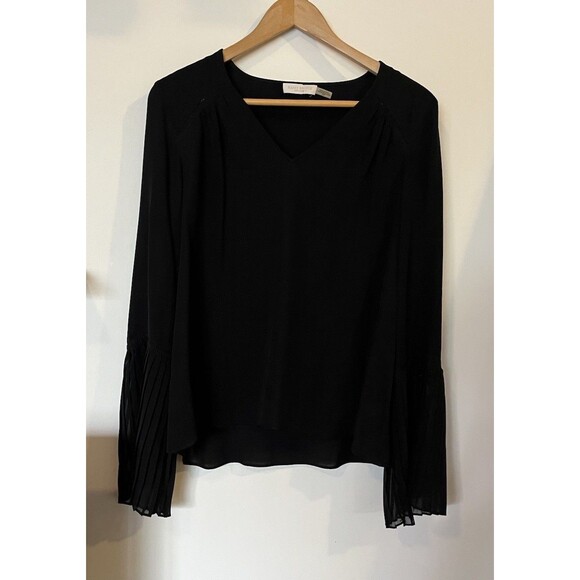 Ramy Brook Black 100% Silk V Neck Pleated Sleeve Blouse Size Medium - Picture 3 of 12
